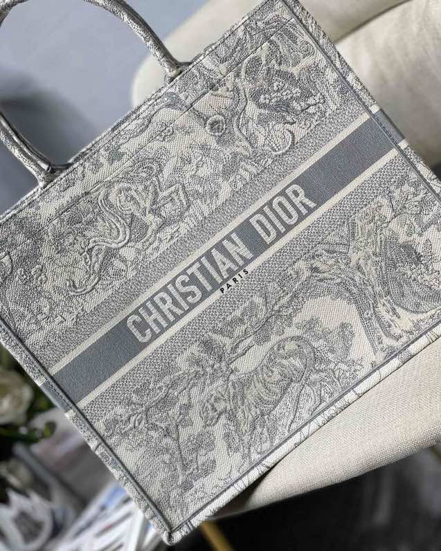 Large Dior Book Tote Bag Gray and Ecru Toile de Jouy Embroidery